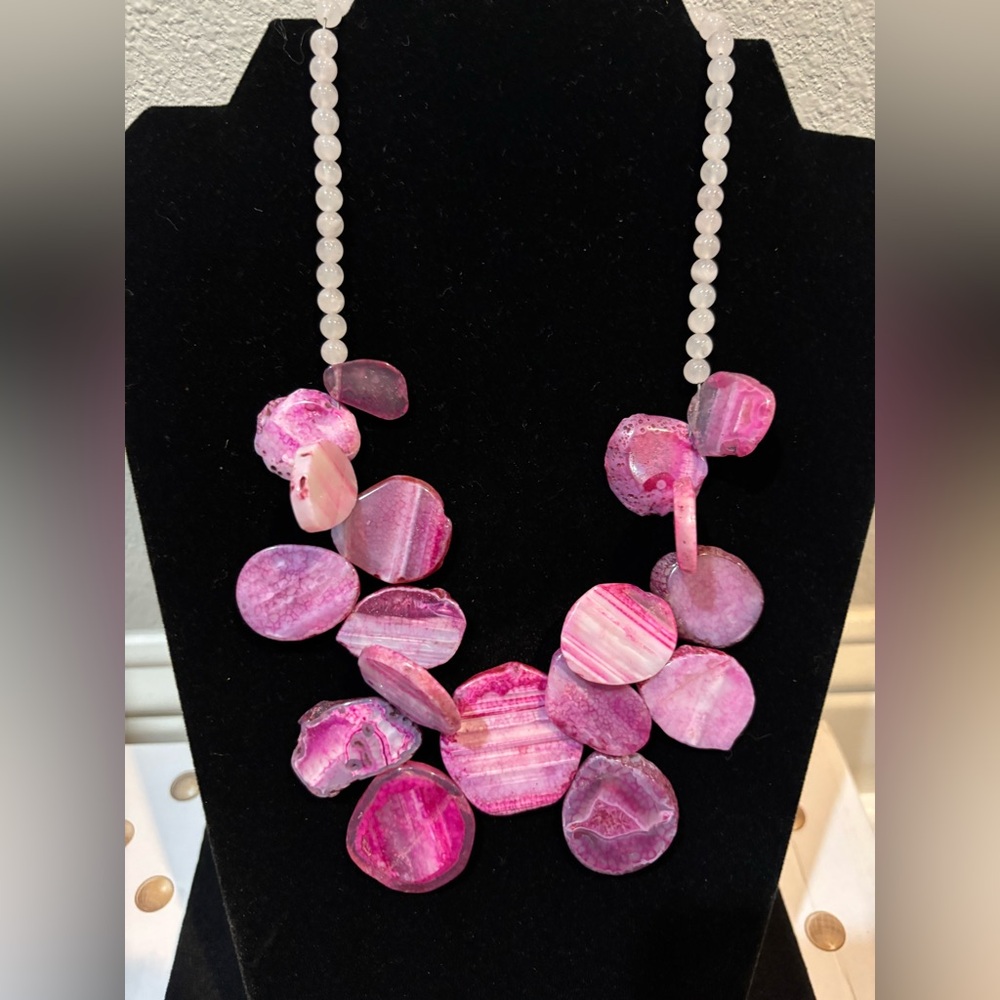 Barse Sterling Silver 925 Pink Sliced 17 Agate Slab  Necklace